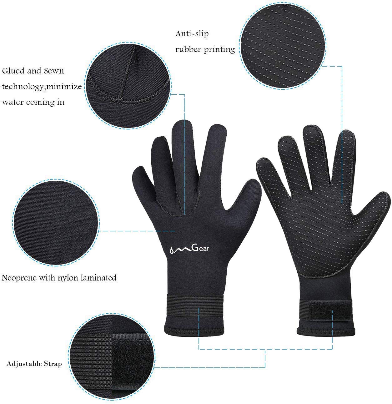 Omgear Neoprene Gloves Diving Wetsuit Gloves 3Mm Glued Anti-Slip Flexible Thermal With Adjustable Waist Strap For Snorkeling Scu
