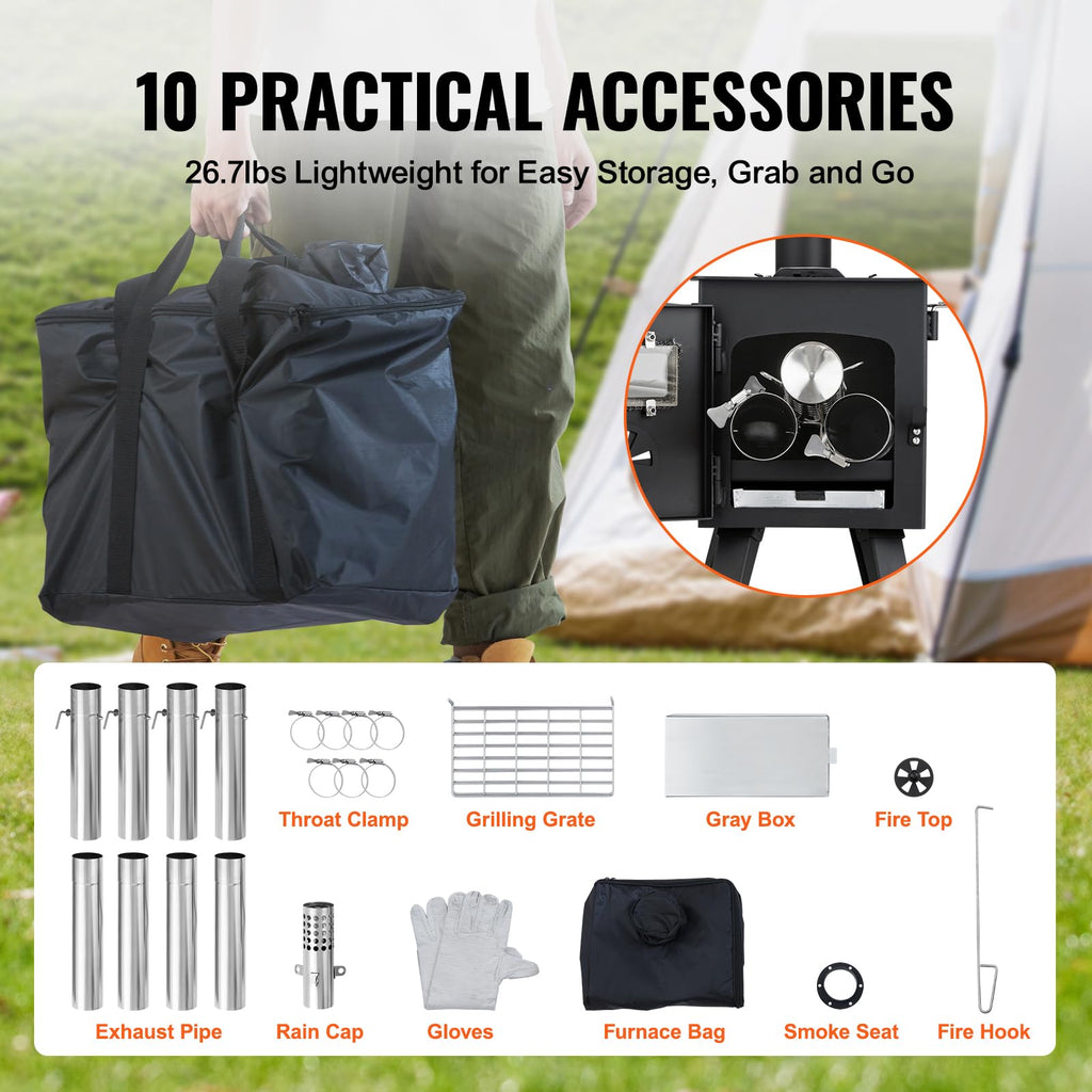 Vevor Camping Wood Stove Alloy Steel Camping Tent Stove, Portable Wood Burning Stove With Chimney Pipes & Gloves, 1400Infirebox