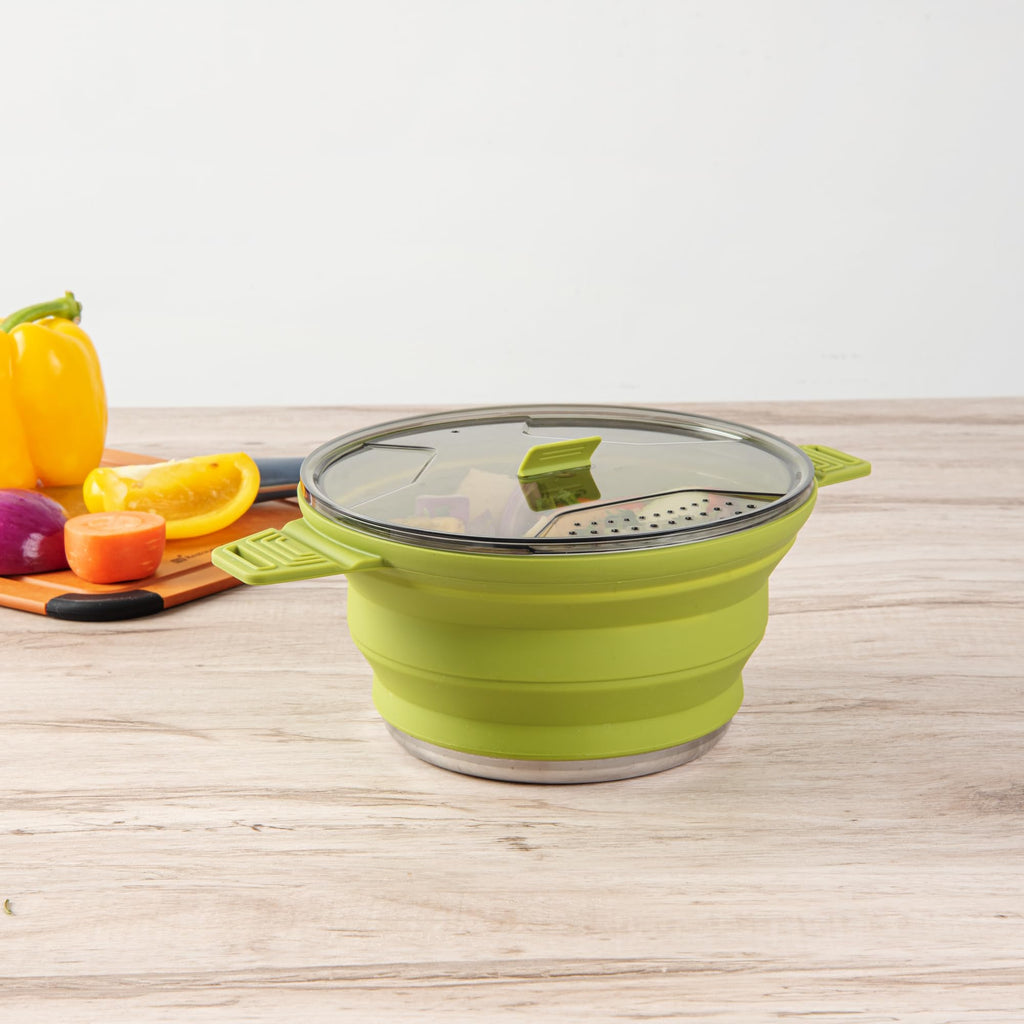 Restaurantware-Hi Tek 2.5 Liter Collapsible Camping Pot, 1 Portable Cook Pot - With Lid, Stainless Steel Bottom, Silicone Campin
