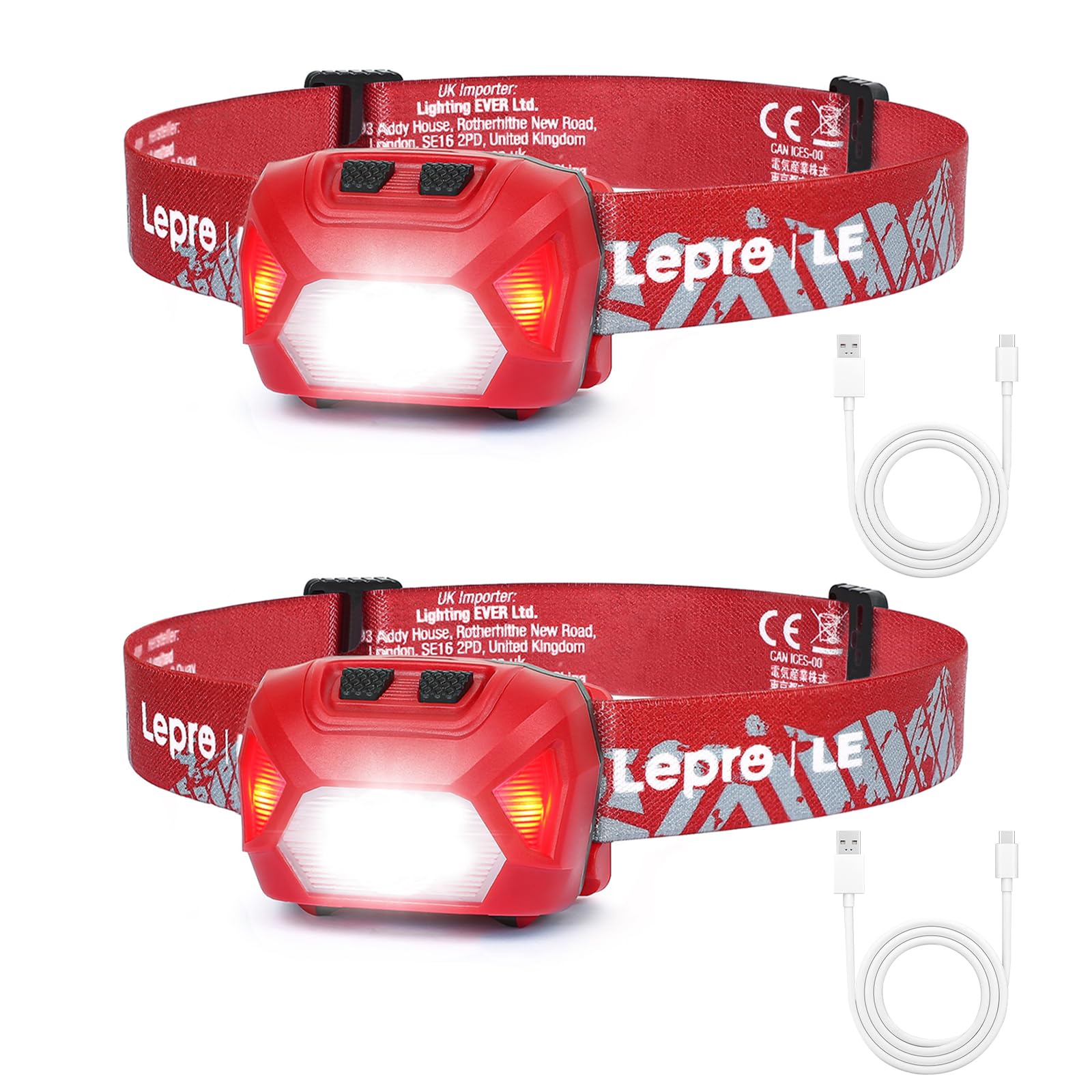 Lepro 320014 LED Rechargeable Headlamp, 2 Pack Head Lamp with 6 Modes for Camping & Hiking Gear Essentials, IPX4 Waterproof Brig