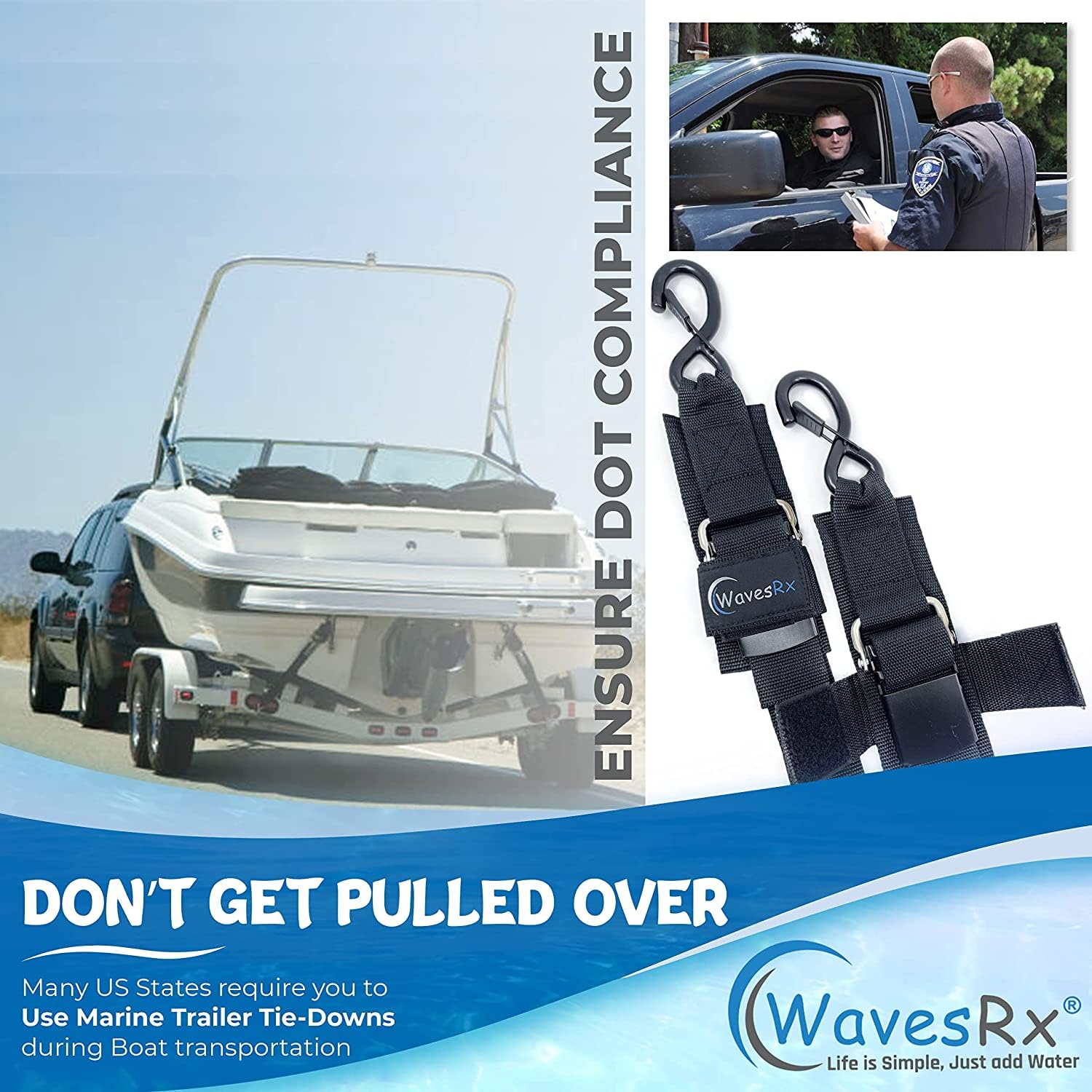 Wavesrx Boat & Pontoon Trailer Transom Straps (2Pk)  48'' Marine Tie Downs Adjustable Safety Straps  Outperforms Ratcheting & Re