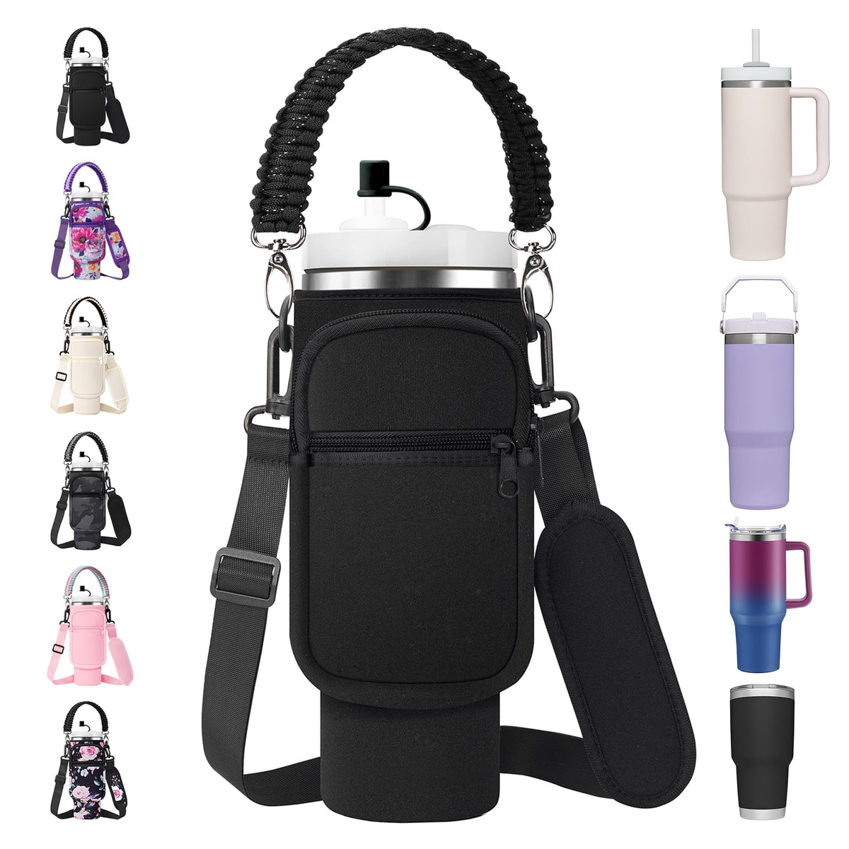 30 Oz Stanley Cup Carrier Bag With Paracord Handle, Neoprene Insulated Travel Tumbler Sleeve W/ 2 Pockets & Straw Cover Cap, Sta