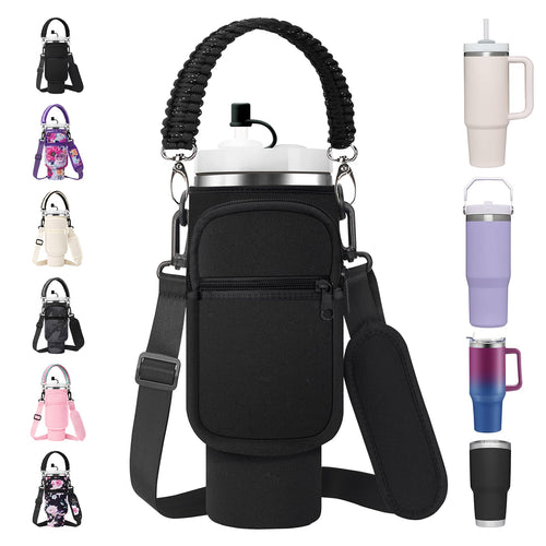 30 Oz Stanley Cup Carrier Bag With Paracord Handle, Neoprene Insulated Travel Tumbler Sleeve W/ 2 Pockets & Straw Cover Cap, Sta