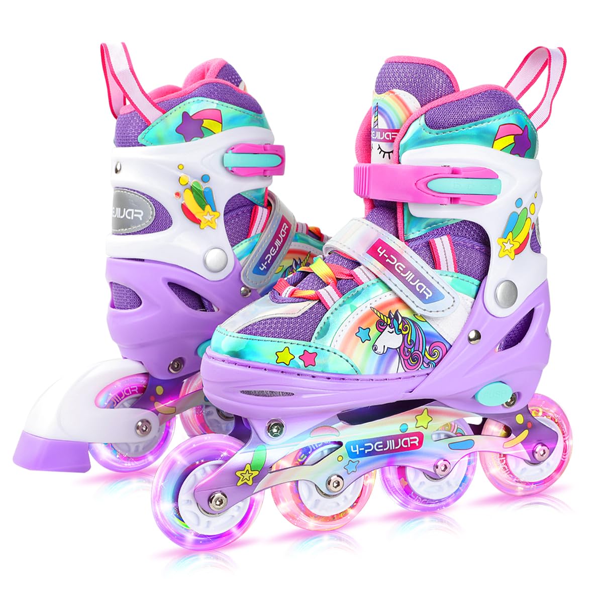 Unicorn Rainbow Inline Skates for Girls Teens Womans,4-Pejiijar Roller Skates for Girls Ages 6-8-12 w/Luminous Wheels,Kids Adjus