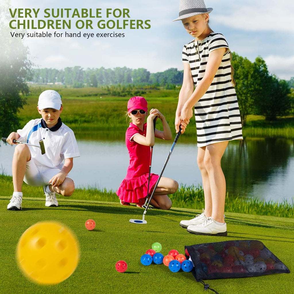 Kiseer 90 Pack Colorful Plastic Practice Golf Balls Airflow Hollow Training Golf Balls With Nylon Mesh Golf Ball Bags For Drivin