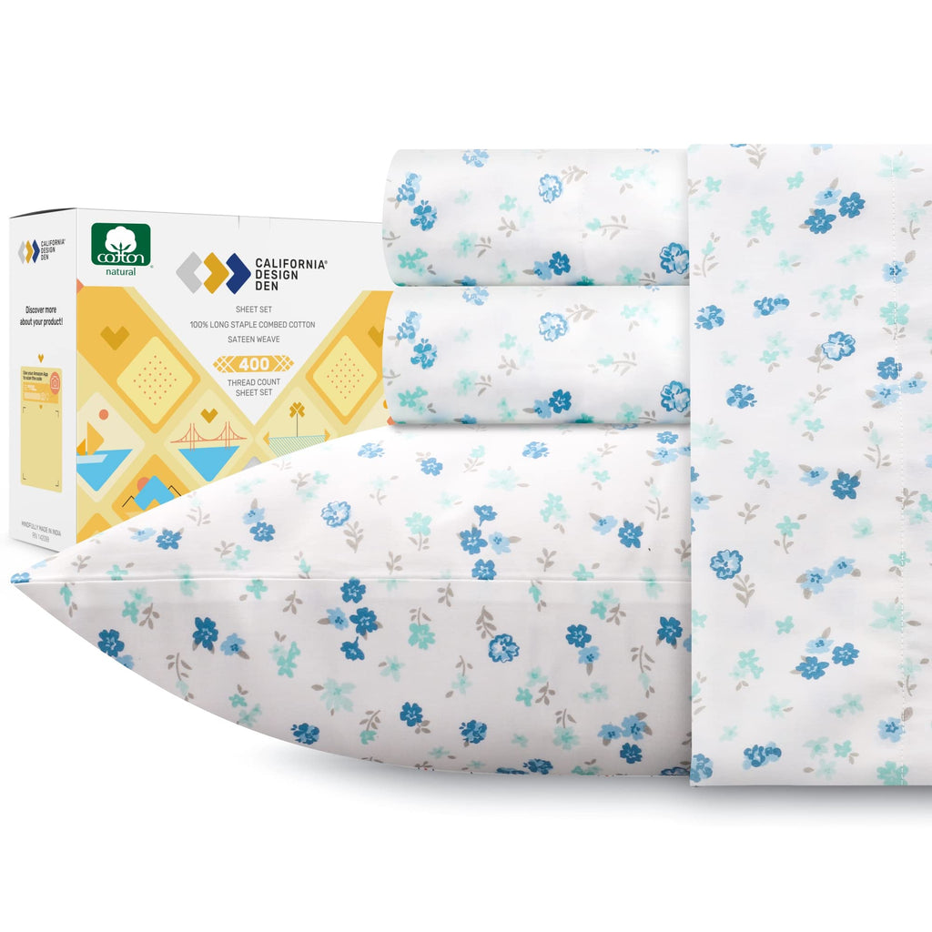 California Design Den Floral Sheets Pattern Full Sheet Set, Luxury 400 Thread Count 100 Cotton Sheets, 4 Pc Deep Pocket Full She