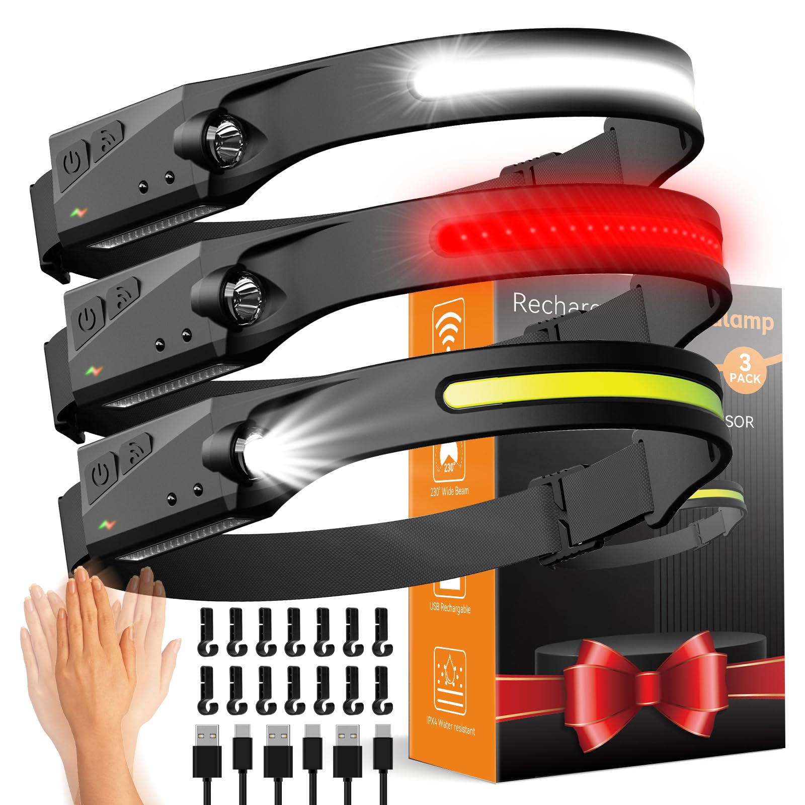 CANKROO Headlamp Rechargeable 3 Pack, 230 Wide Beam Running Head Lamp Hands Free for Adults, Head Lights for Forehead, Head Flas