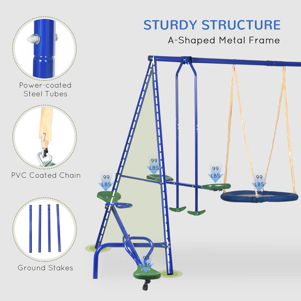 Outsunny Swing Set For Backyard, 5 In 1 Heavy-Duty A-Frame Stand Outdoor Playset For Kids With 29.5'' Saucer Swing, Slide, Seesa