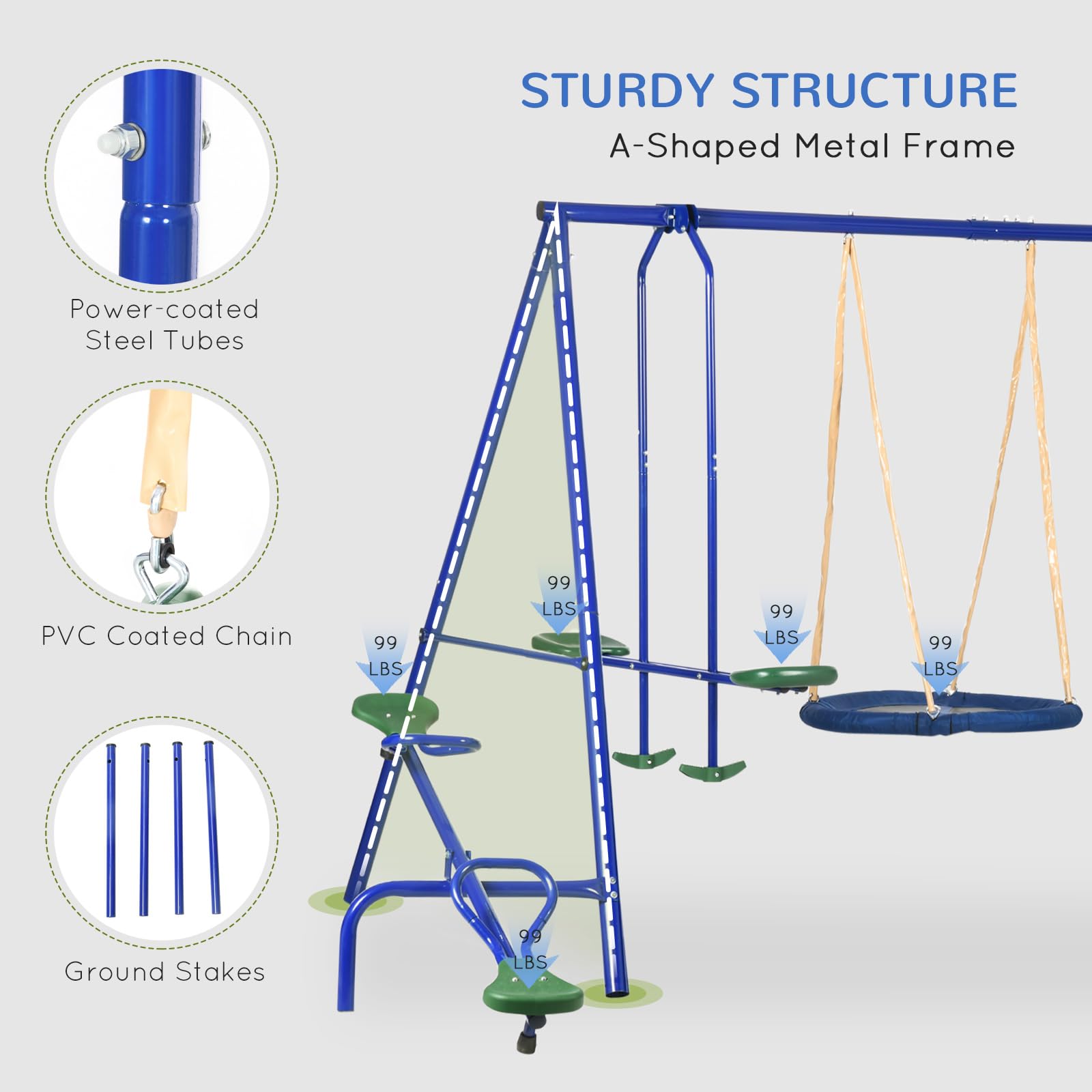 Outsunny Swing Set For Backyard, 5 In 1 Heavy-Duty A-Frame Stand Outdoor Playset For Kids With 29.5'' Saucer Swing, Slide, Seesa