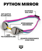 Arena Unisex Adults Python Racing Swim Goggles For Men And Women Anti-Fog Mirror Lens Max Comfort Dual Strap, Silver/White/Fuchs
