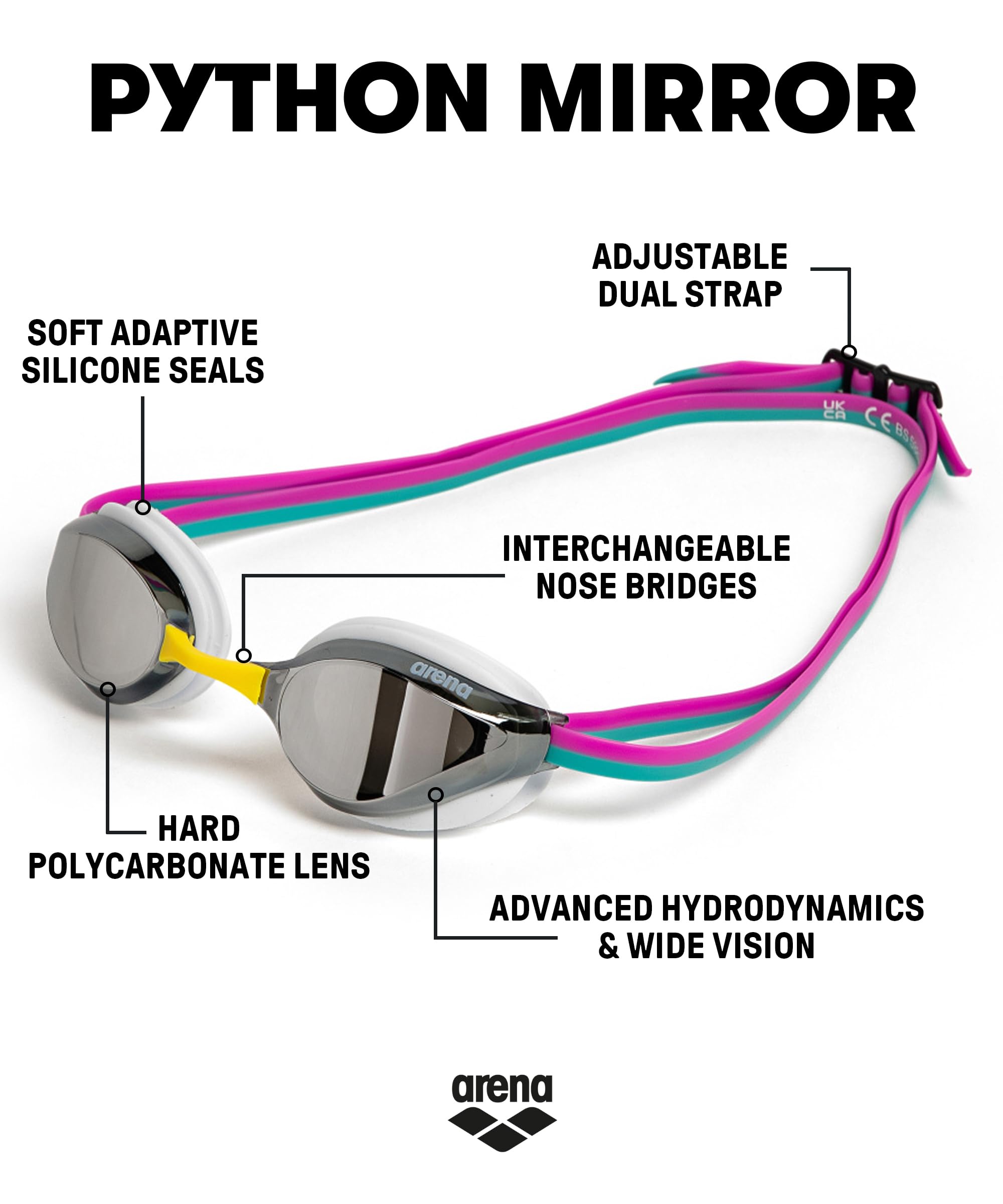 Arena Unisex Adults Python Racing Swim Goggles For Men And Women Anti-Fog Mirror Lens Max Comfort Dual Strap, Silver/White/Fuchs