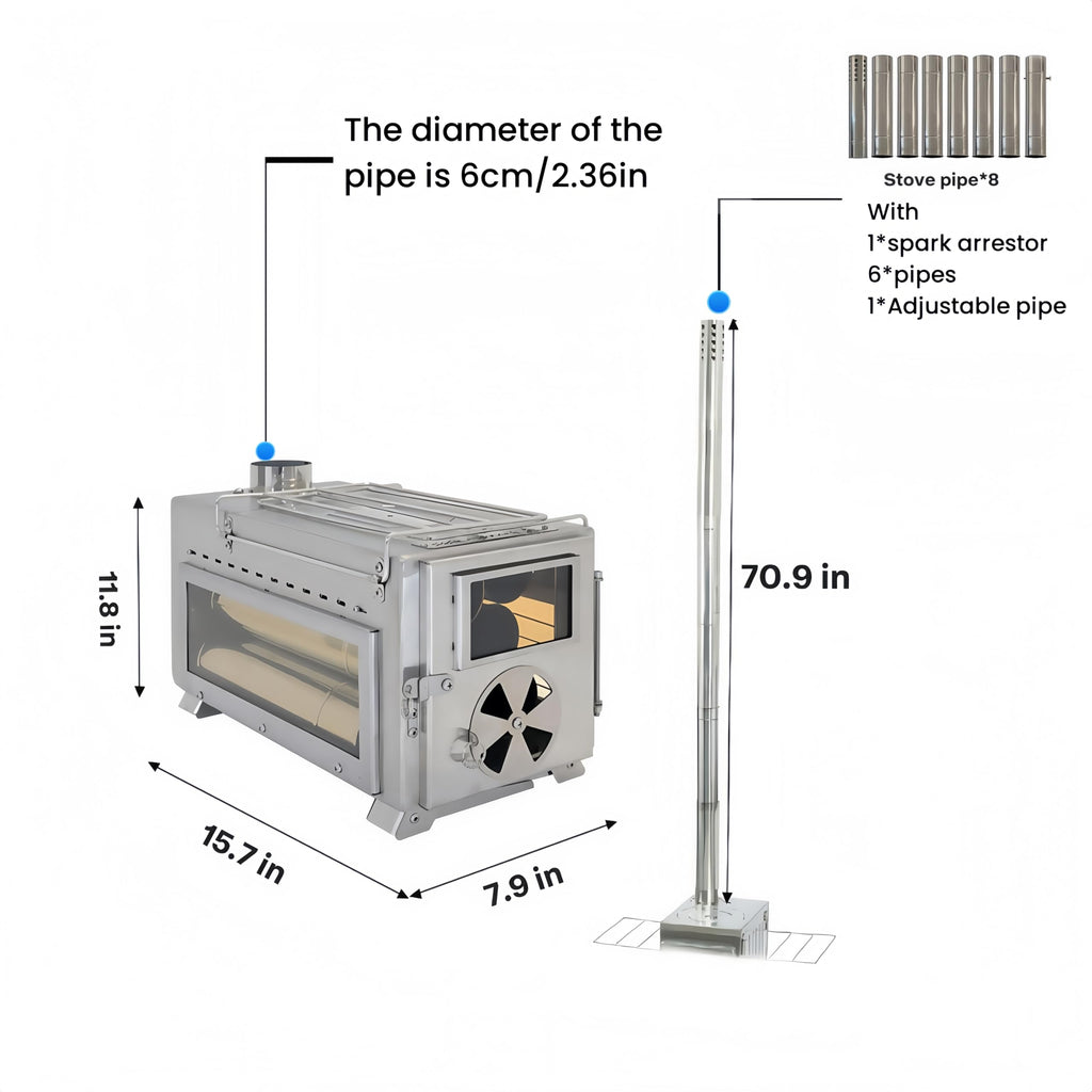 Wood Stove, Camping Wood Stove Include View Glass, Portable Wood Stove With 7 Stainless Steel Insulated Chimneys For Shelter, Hu