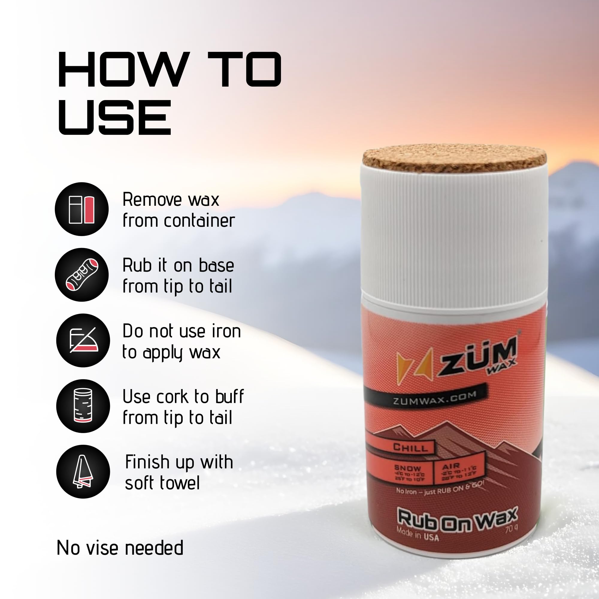 Zumwax Rub-On Ski/Snowboard/Nordic/Cross-Country Wax 70G, Chill Temperature, Easy Cork Applicator, Long-Lasting Performance, Sec