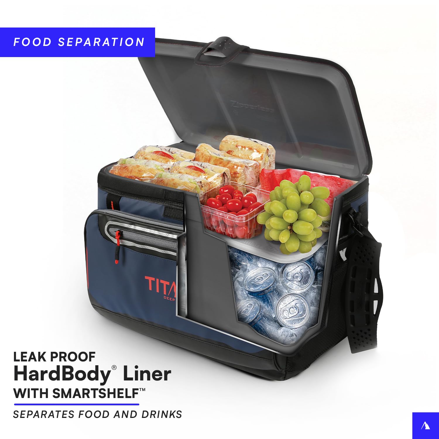 Titan Deep Freeze Cooler - 48 Can Zipperless Hardbody Cooler - Deep Freeze Insulation, HardBody Liner, and SmartShelf - Navy Blu