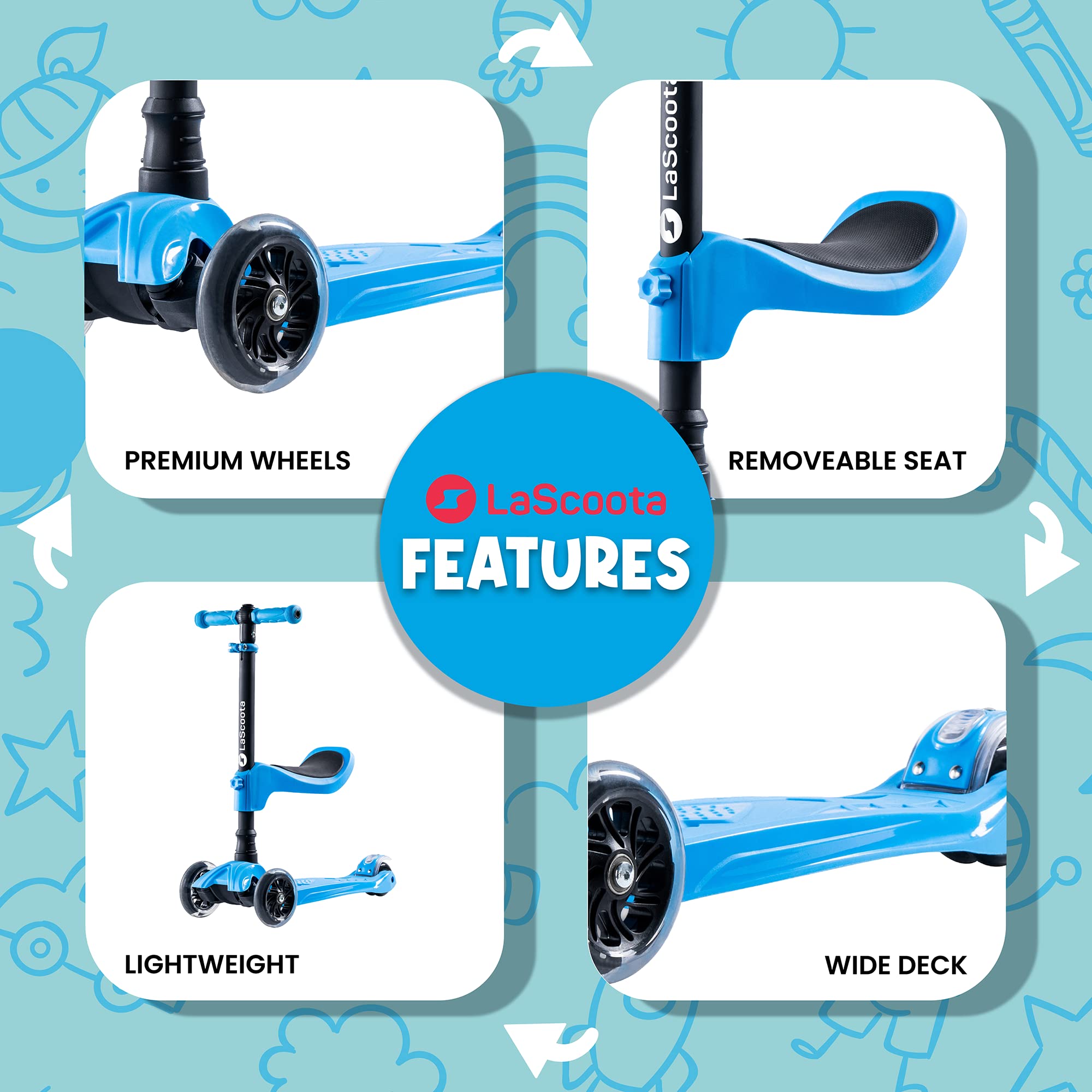 Lascoota 3-Wheel Kids Scooter - Removable Seat, Adjustable Handlebar, Light-Up Wheels & Lean-to-Steer for Toddler Scooter - Blue