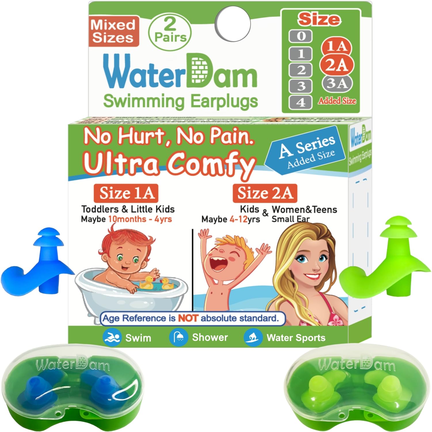 Waterdam A-Series Swimming Ear Plugs Ultra Comfy Great Waterproof Earplugs (Mixed Sizes, Size 1A+2A: Kids & Small Ear Women&Teen