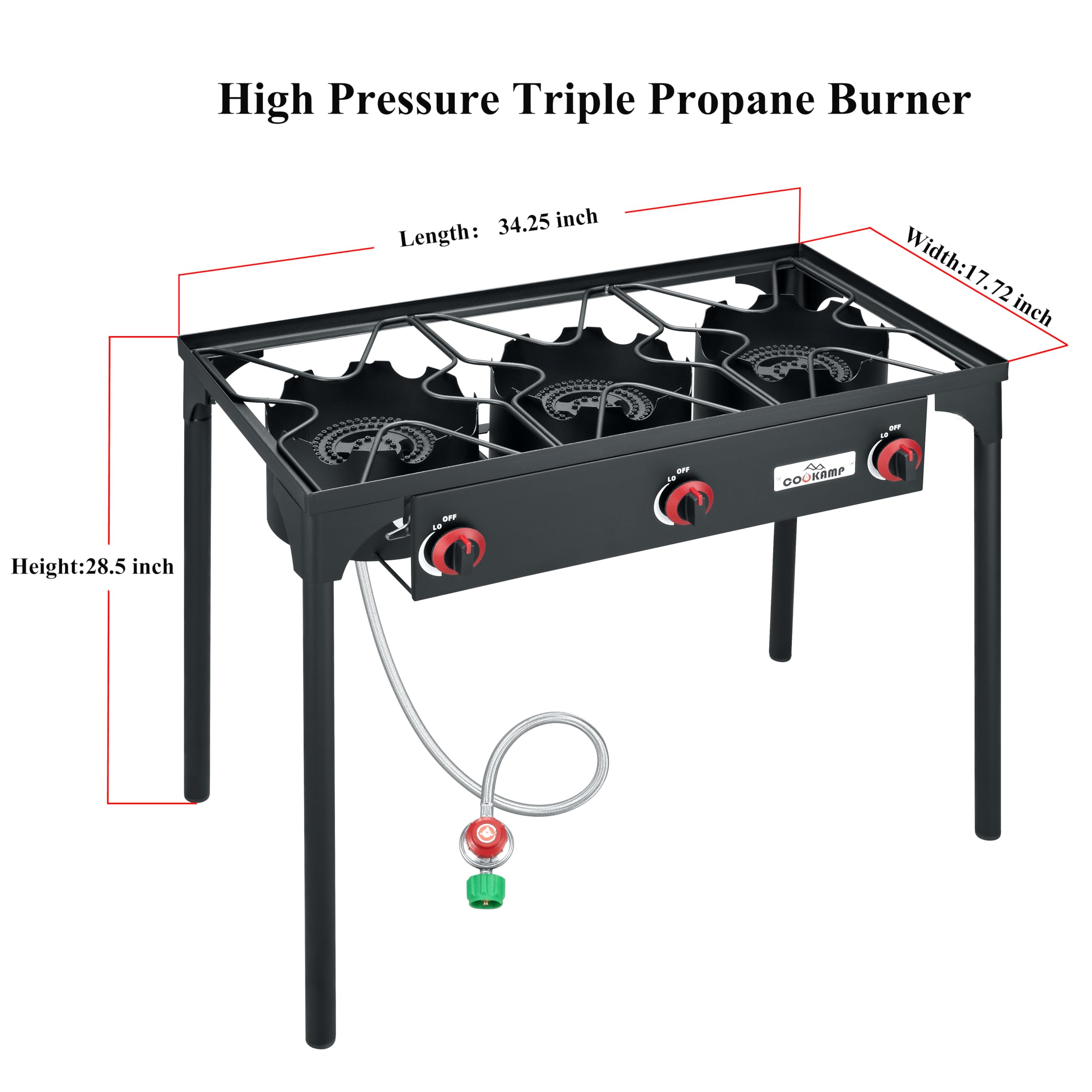 Cookamp High Pressure Triple Propane Burner Outdoor Propane Camping Stove With 0-20 Psi Adjustable High Pressuer Regulator And S