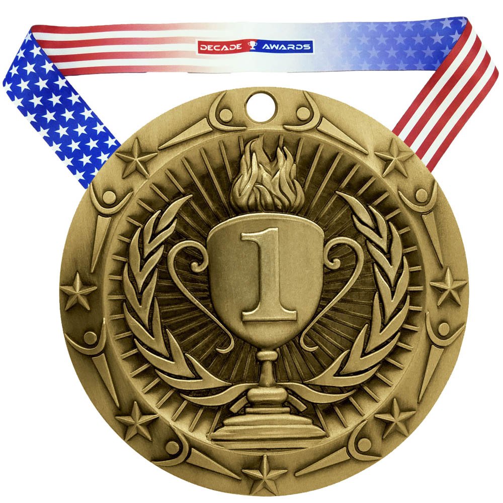Decade Awards' 1St Place Gold Medal - Large Metal - Olympic Award Medals With Stars & Stripes American Flag V Neck Ribbon - Perf