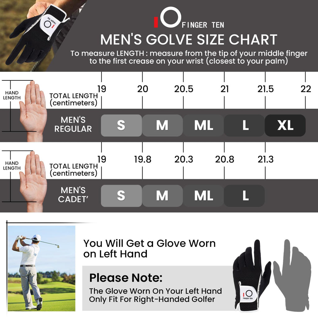Finger Ten Men? Golf Glove Left Hand Rain Grip Pack, Durable Fit For Hot Wet All Weather (Black, Large)