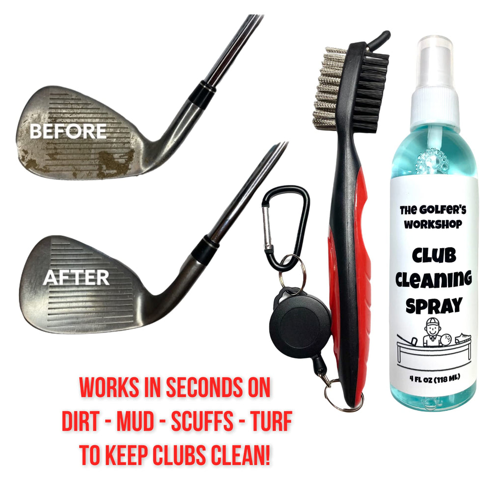 The Golfers Workshop 4Oz Club Cleaning Spray And Golf Club Brush With Groove Cleaner, 2Ft Retractable Zip-Line, Carabiner Clip (