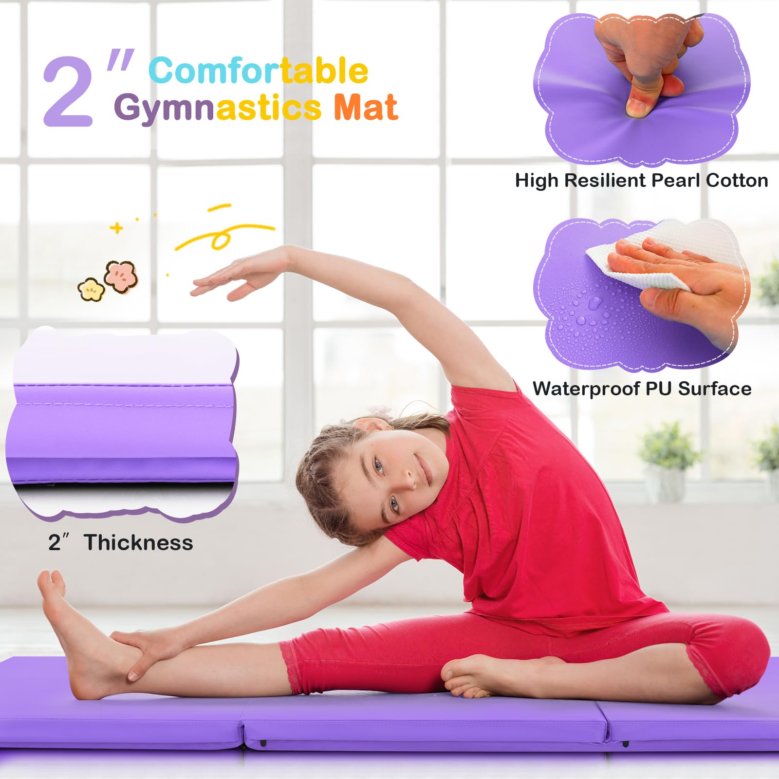 Gymax Folding Gymnastics Mat, Tri-Fold 6X 2X 2Exercise Mat With Carrying Handles, Waterproof Pu Leather, Hook & Loop Fasteners,