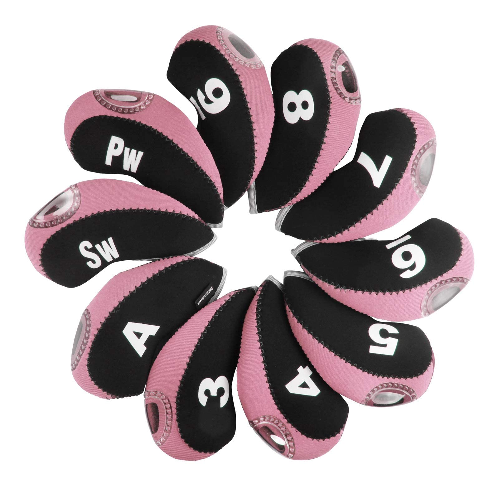 Andux Number Print Golf Iron Club Head Covers With Transparent Window 10Pcs/Set Black/Pink