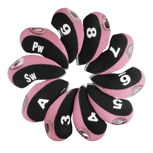 Andux Number Print Golf Iron Club Head Covers With Transparent Window 10Pcs/Set Black/Pink