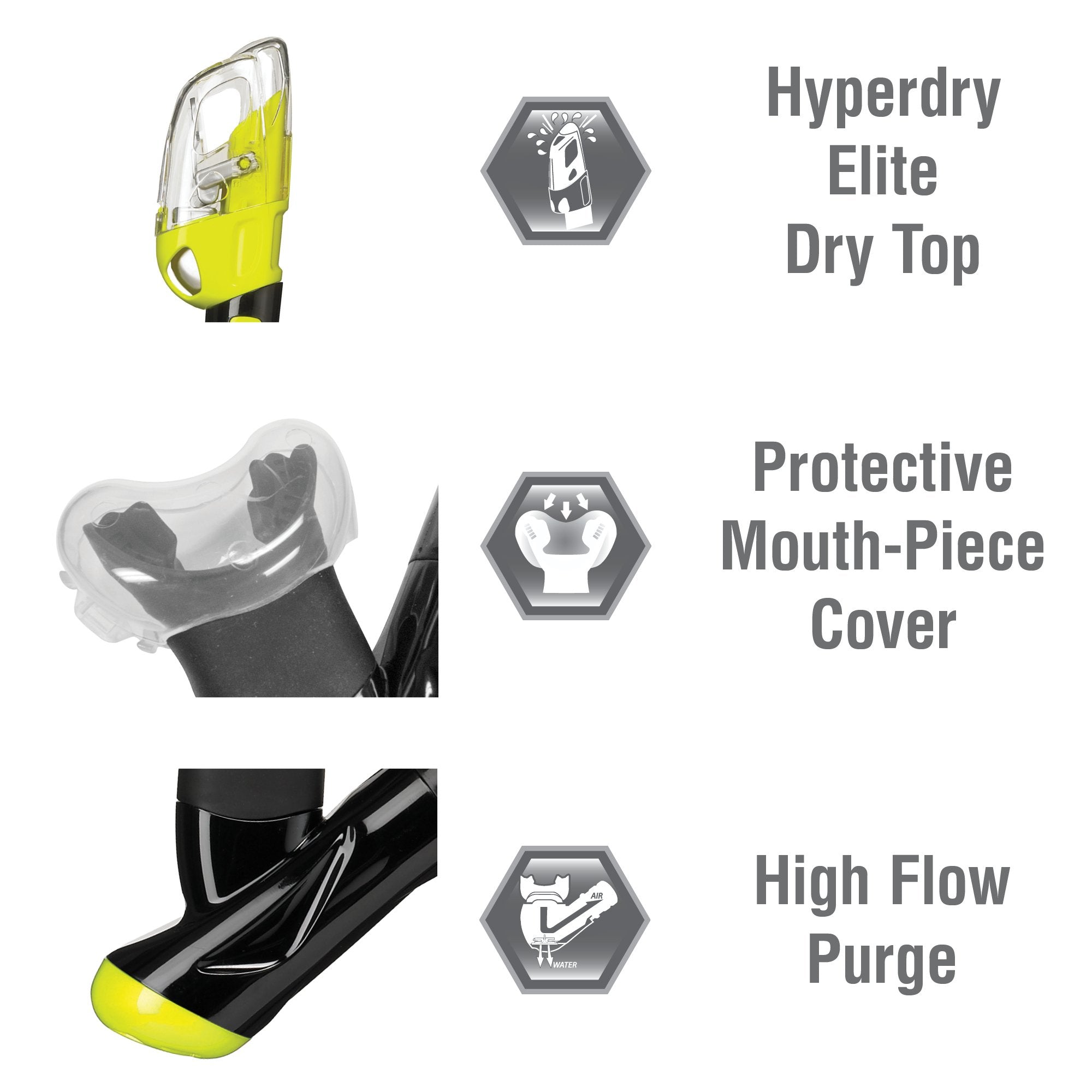 Tusa Sport Dry Top Snorkel, Black/Flash Yellow, (Usp250Qb Fy)