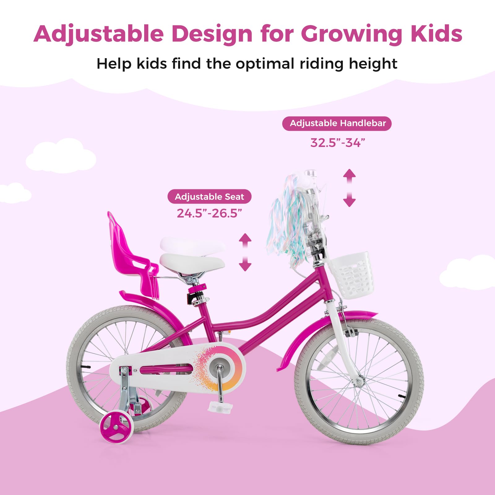 Baby Joy Girls Bike, 18 Inches Kids Bicycle W/Basket, Doll Seat, Colorful Streamers, Training Wheels, Reflectors, Handbrake & Co