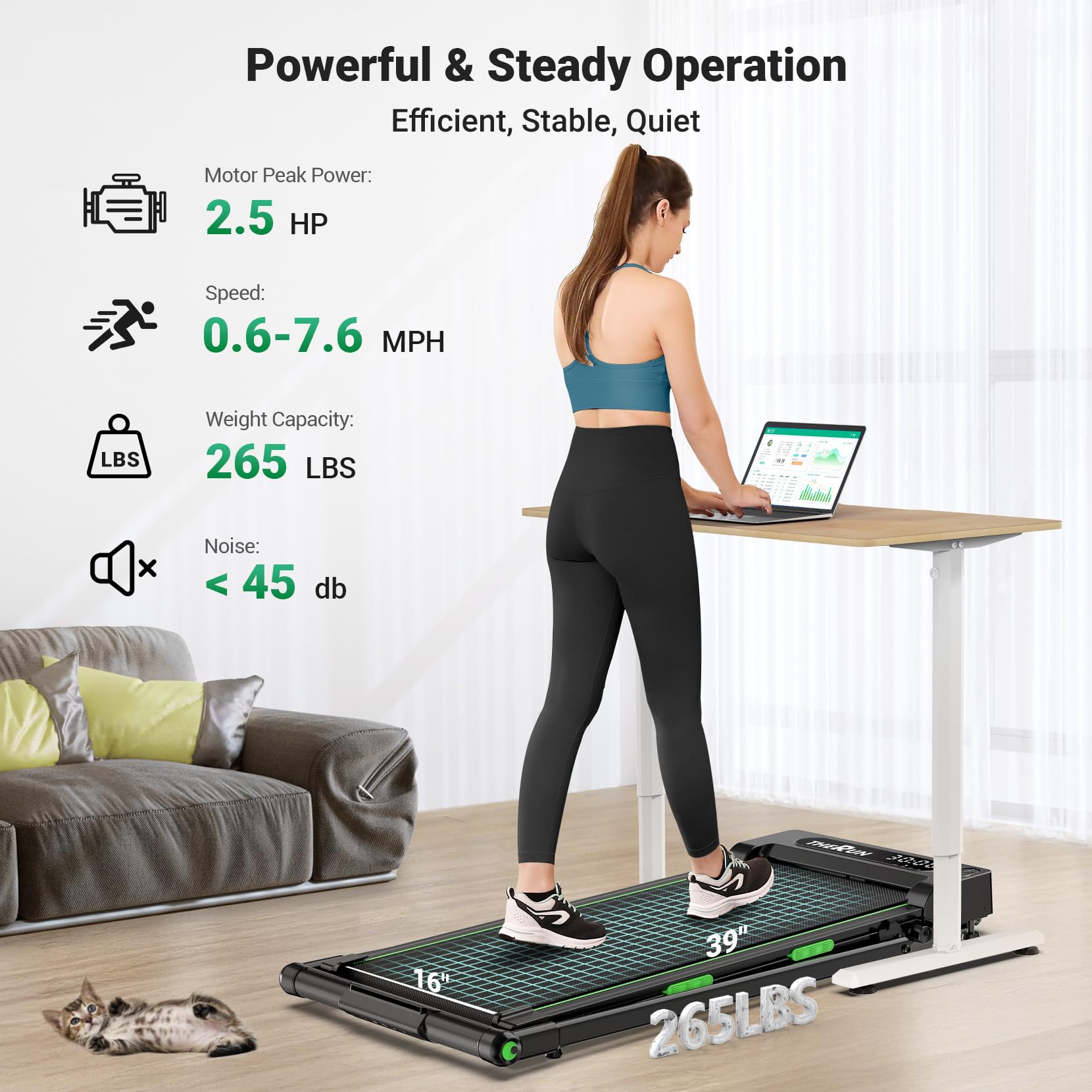 Therun Walking Pad, 2 In 1 Foldable Treadmills For Home, 2.5Hp Under Desk With Handle Bar, 16 Widened Running Belt, With Remote