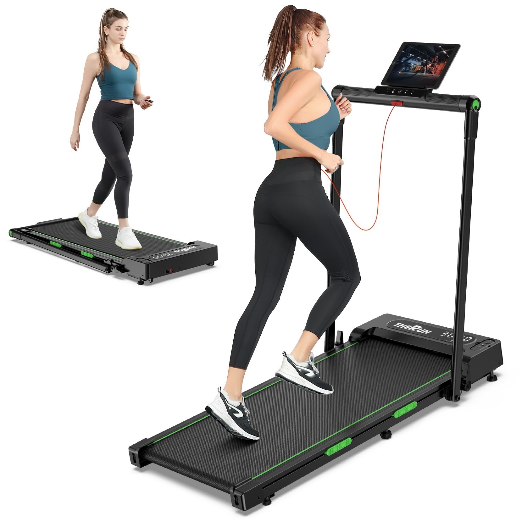 Therun Walking Pad, 2 In 1 Foldable Treadmills For Home, 2.5Hp Under Desk With Handle Bar, 16 Widened Running Belt, With Remote