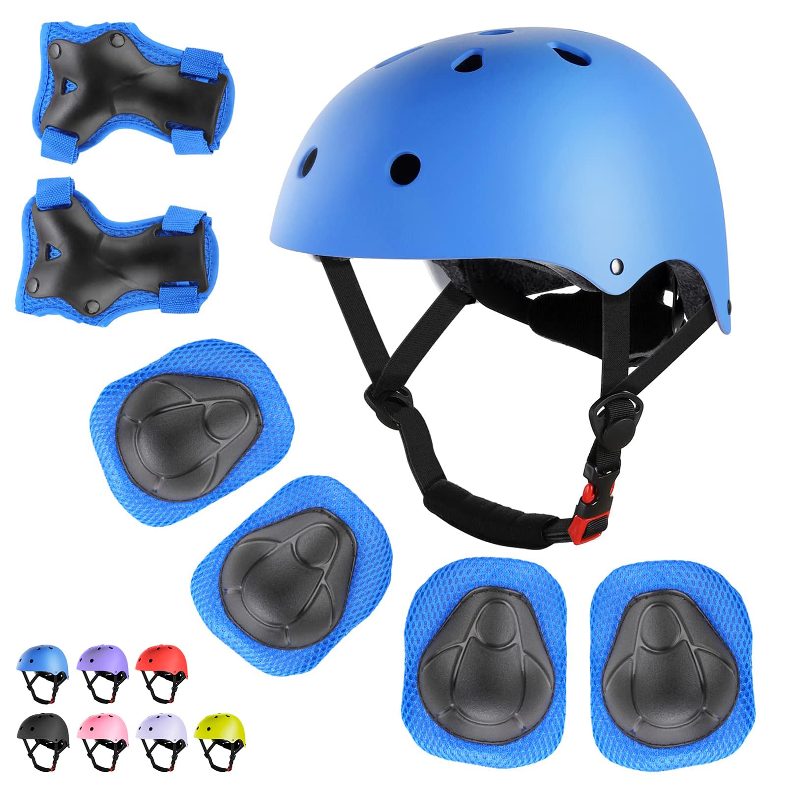 WayEee Kids Bike Helmet Set Skateboard Knee Pads, 7PCS Protective Gear Adjustable for Girls Boys 3-10 Age Elbow Pads Wrist Guard
