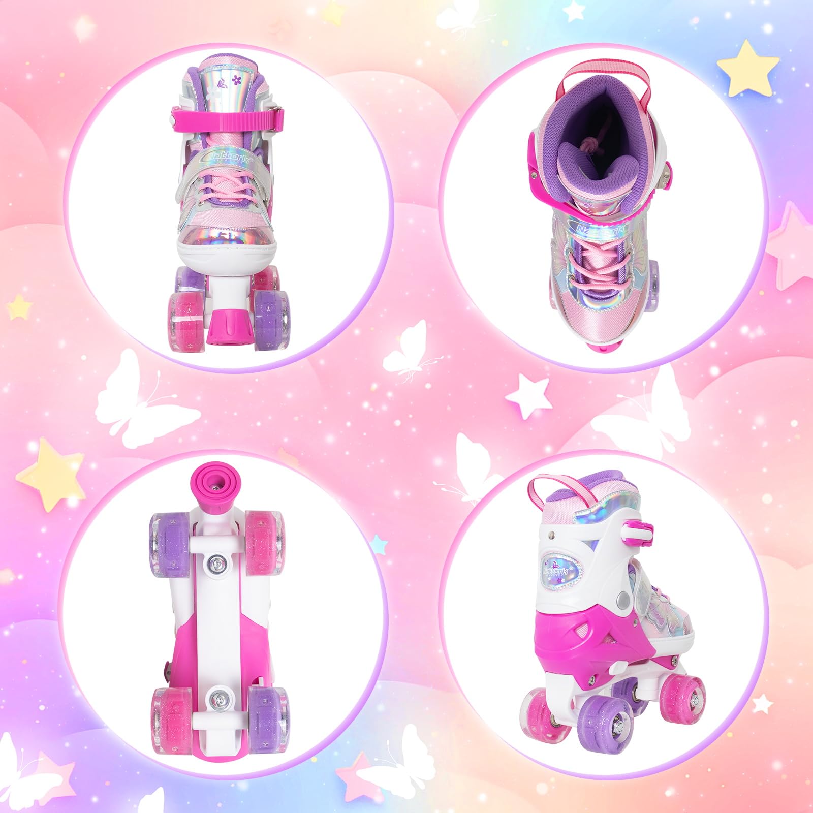 Kids Roller Skates For Girls Boys -Rose Red For Big Kids Age 7 8 9 10 - Adjustable All Light Up Wheels Butterfly And Flower Indo