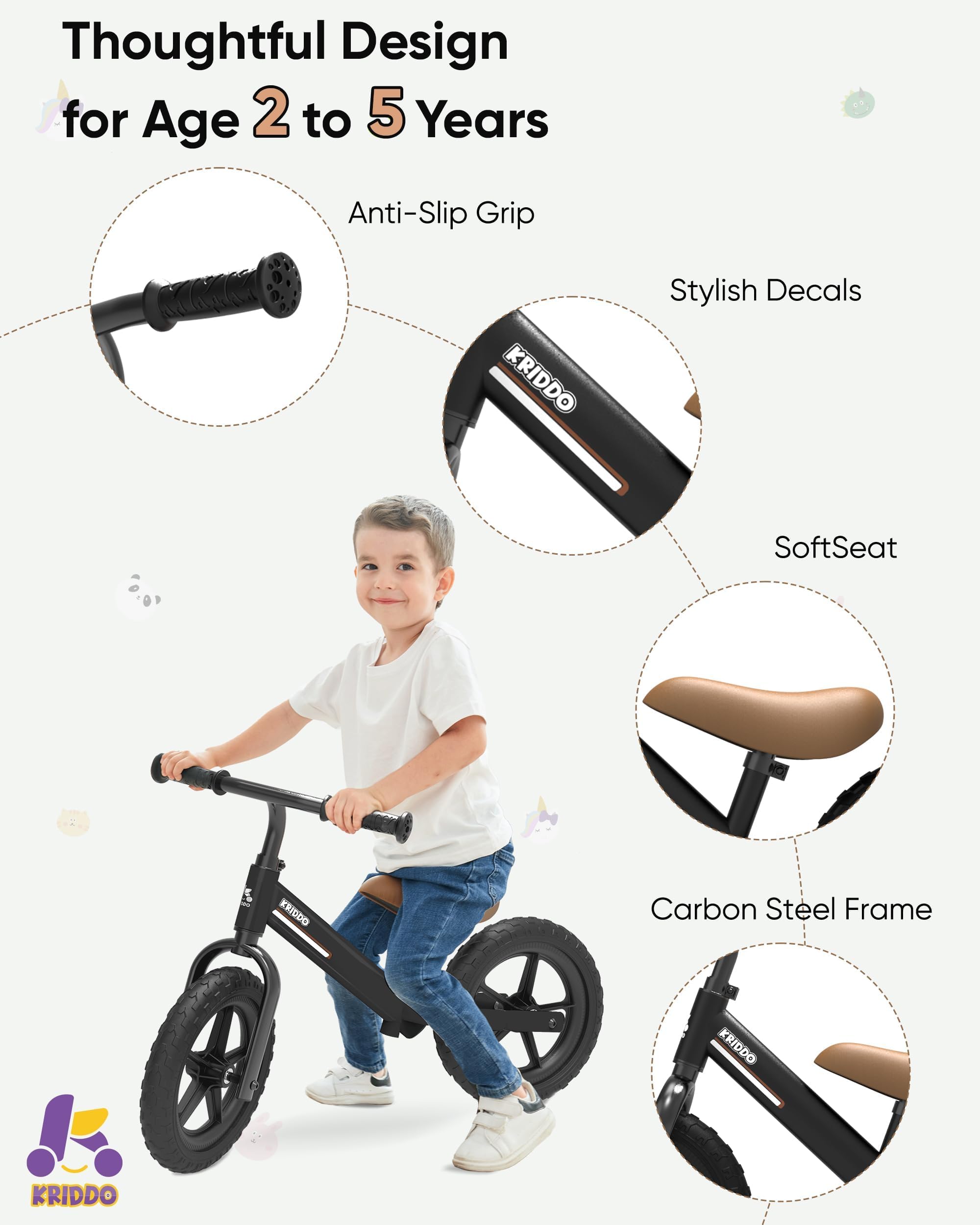 Kriddo Toddler Balance Bike 2 Year Old, Kids Balance Bike For 2-5 Years Old, Dual Bearing For Smoother Riding, Adorable Plate, A