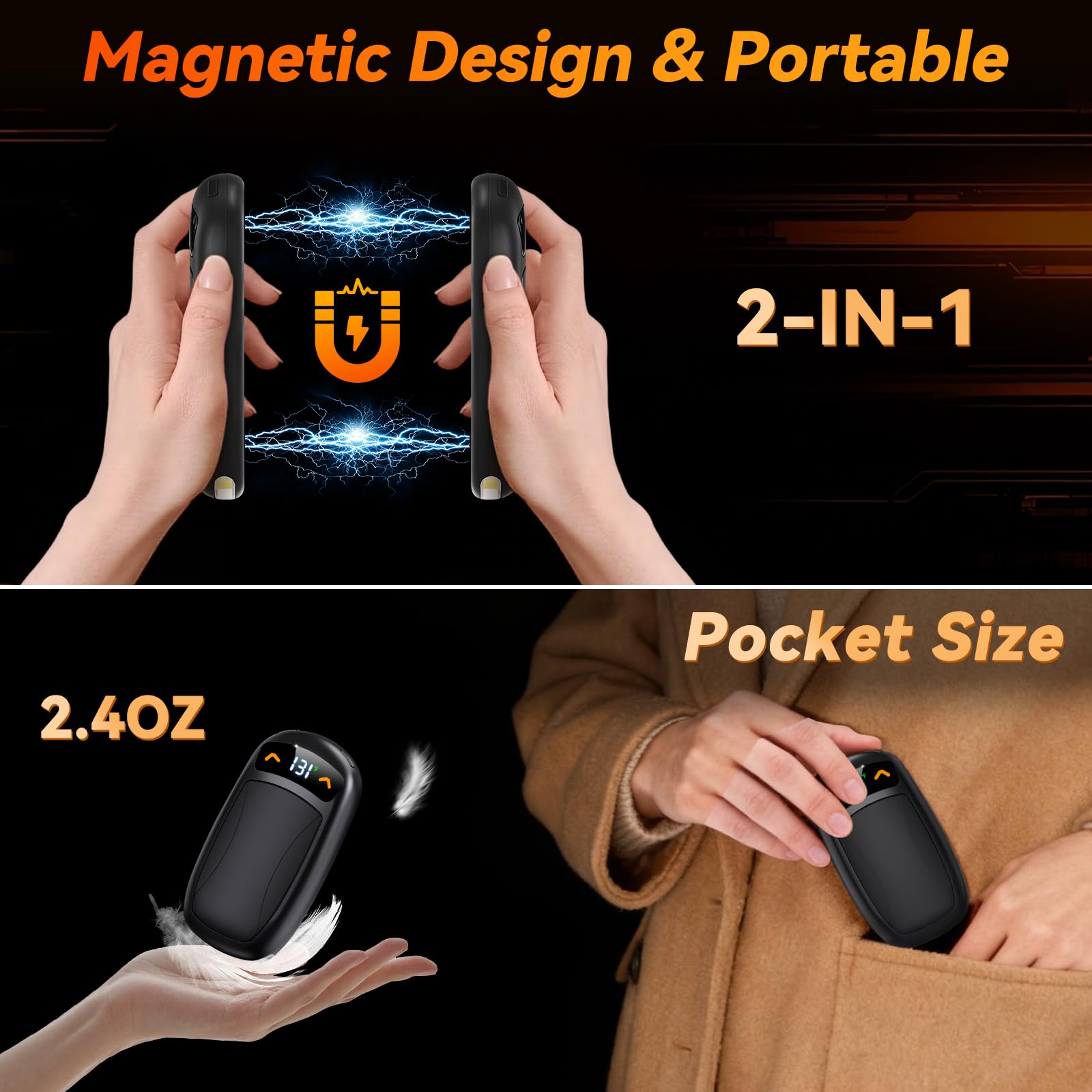 Rechargeable Hand Warmer 2Pack, AI Chips Electric Hand Warmers with LED Display, 3 Temps Portable Magnetic Handwarmers, Pocket-S