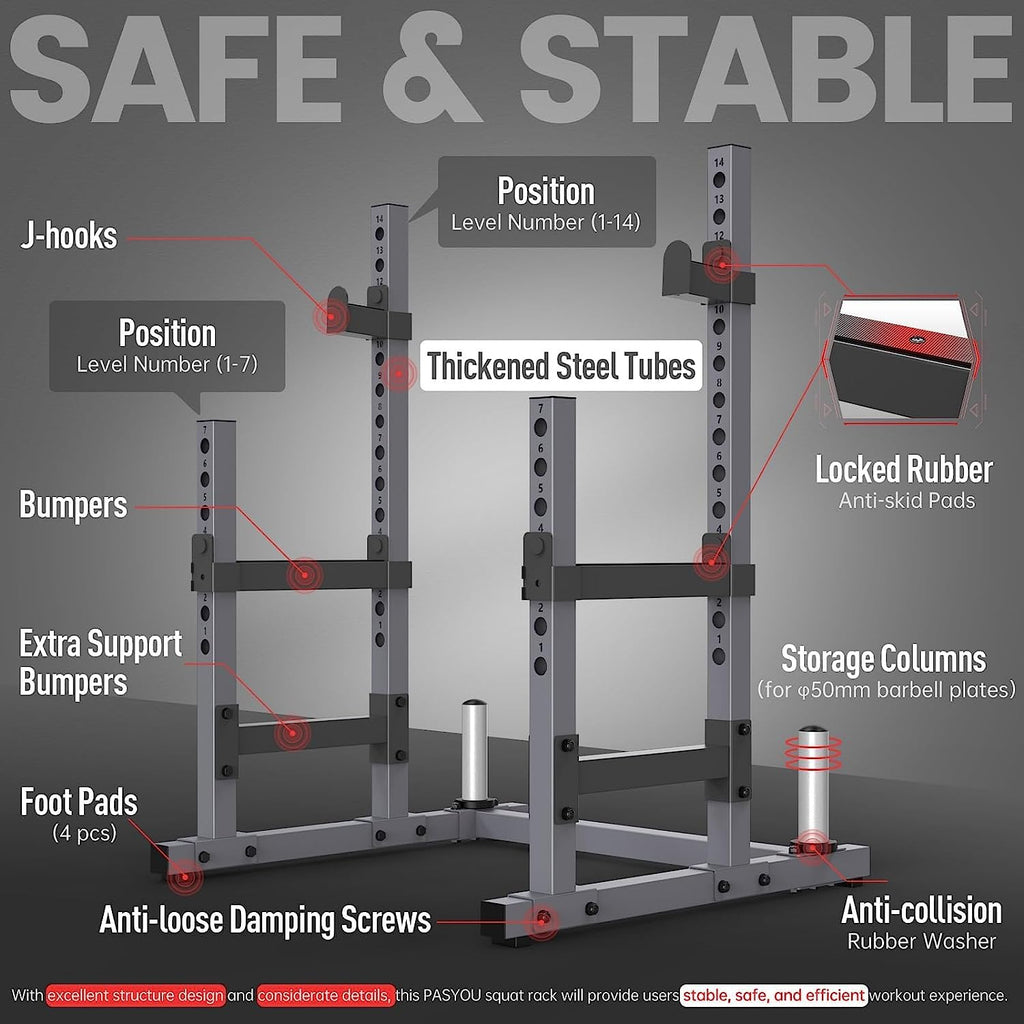 Pasyou Squat Rack For Home Gym With Max Load 1800 Lbs For Bumpers And 600 Lbs For J Hooks (Model:Sr30)
