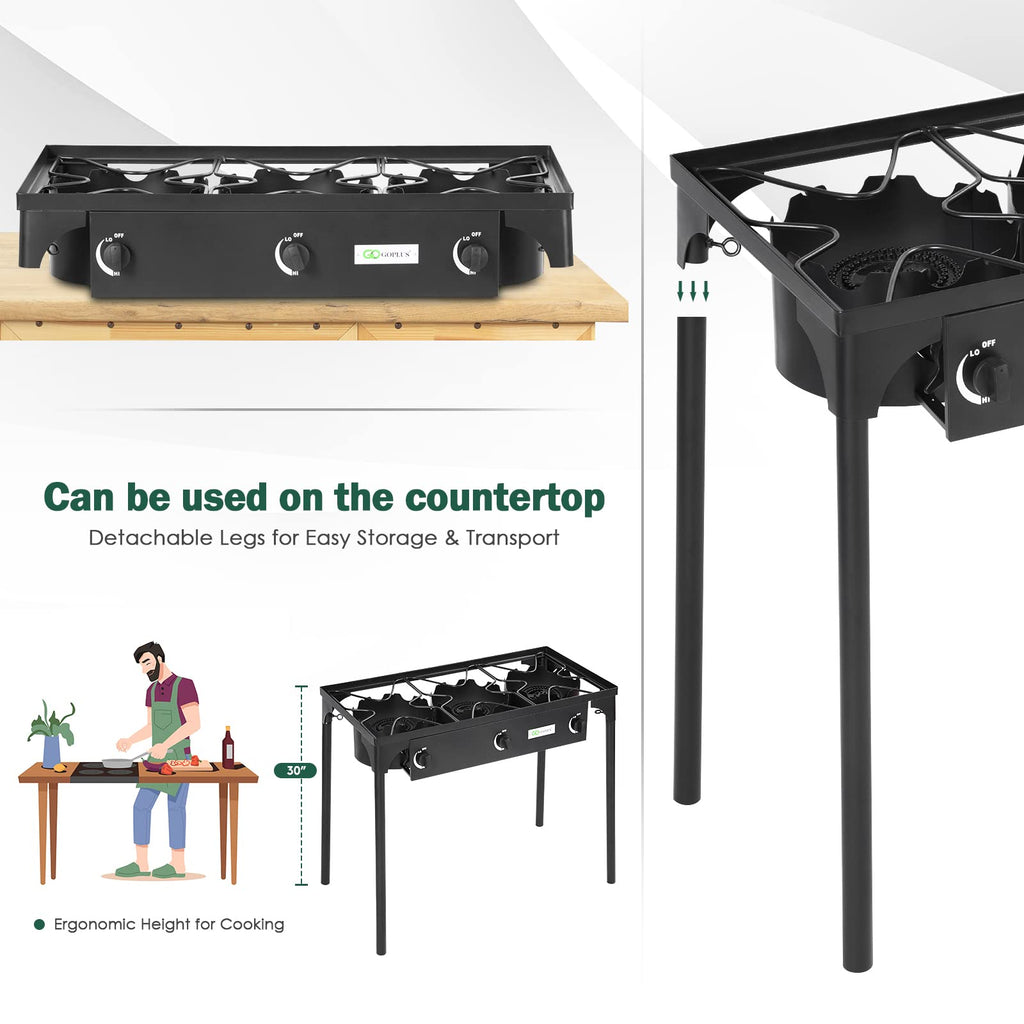 Goplus Outdoor Camping Stove, 3 Burner Propane Gas Cooker W/Detachable Legs & Csa Regulator & 0-20 Psi Regulator For Camp Paito
