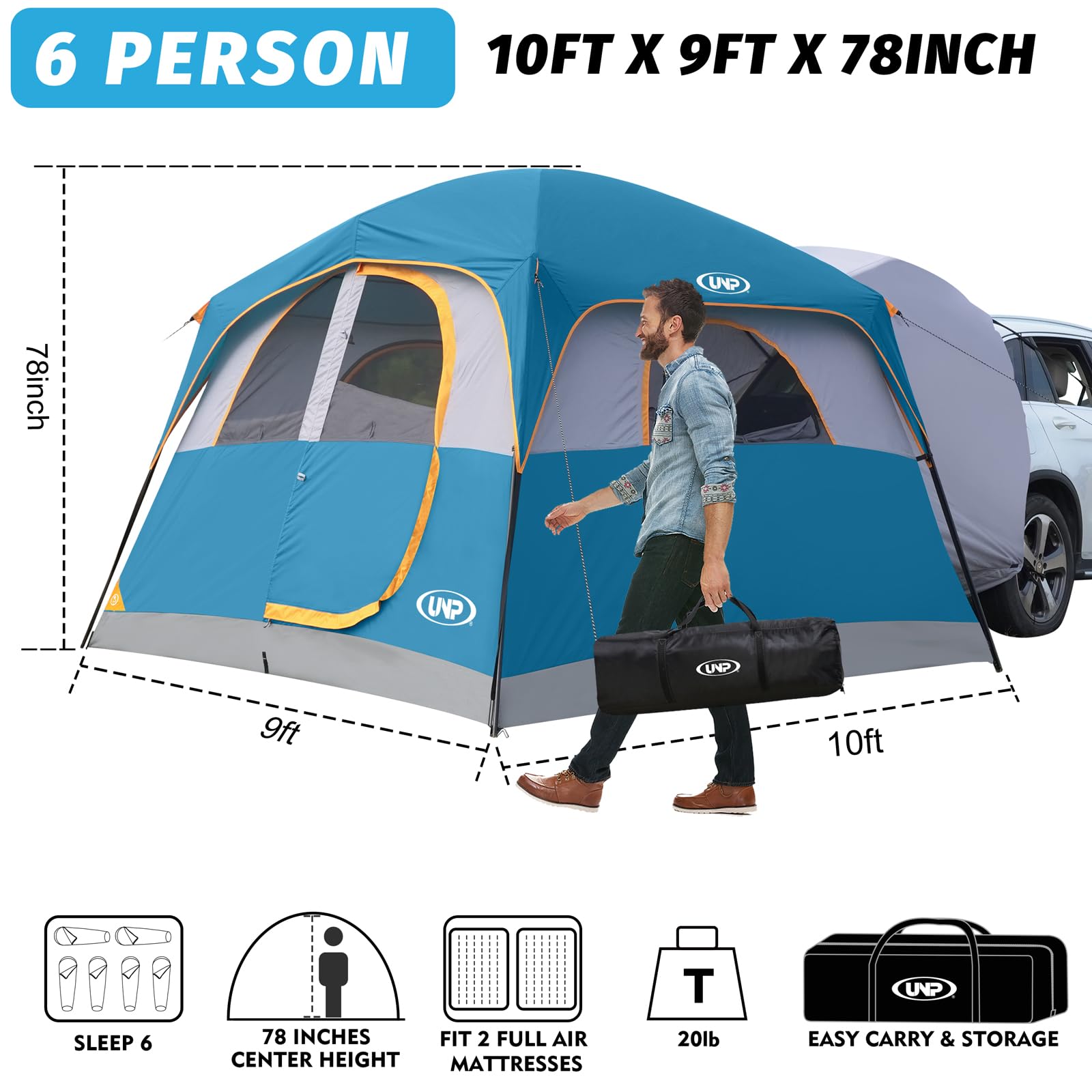 Unp Suv Tent For Camping, 6-Person Car Camping, Suv Tailgate Tent For Outdoor, Easy Set Up With Rainfly 10'X9'X78In(H) (Ocean Bl