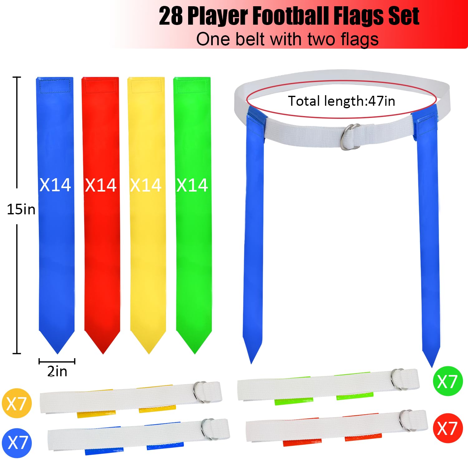 Flag Football Set, 28 Players Flag Football Belts & Flags Set, Includes 28 Belts, 56 Football Flags, 8 Cones And 16 Disc Cones (