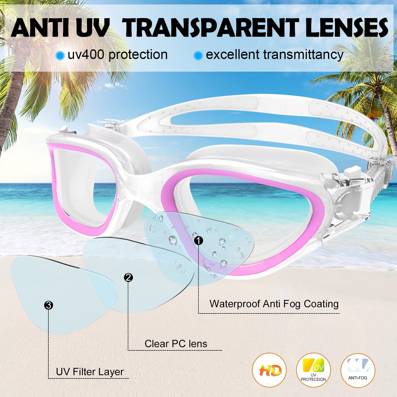 Win.Max Swimming Goggles Swim Goggles Anti Fog Anti Uv No Leakage Clear Vision For Men Women Adults Teenagers (Purple/Non-Polari