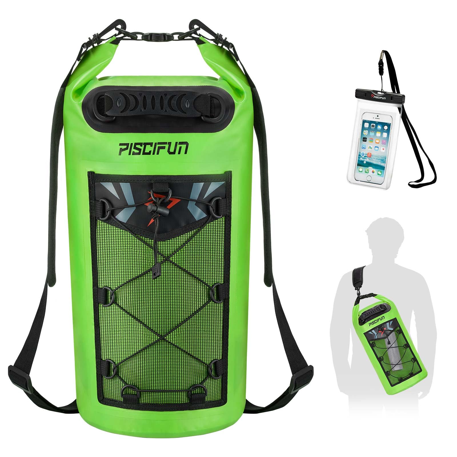 Piscifun Dry Bag, Waterproof Floating Backpack 20L with Waterproof Phone Case for Boating, Kayaking, Fishing, Light Green 20L