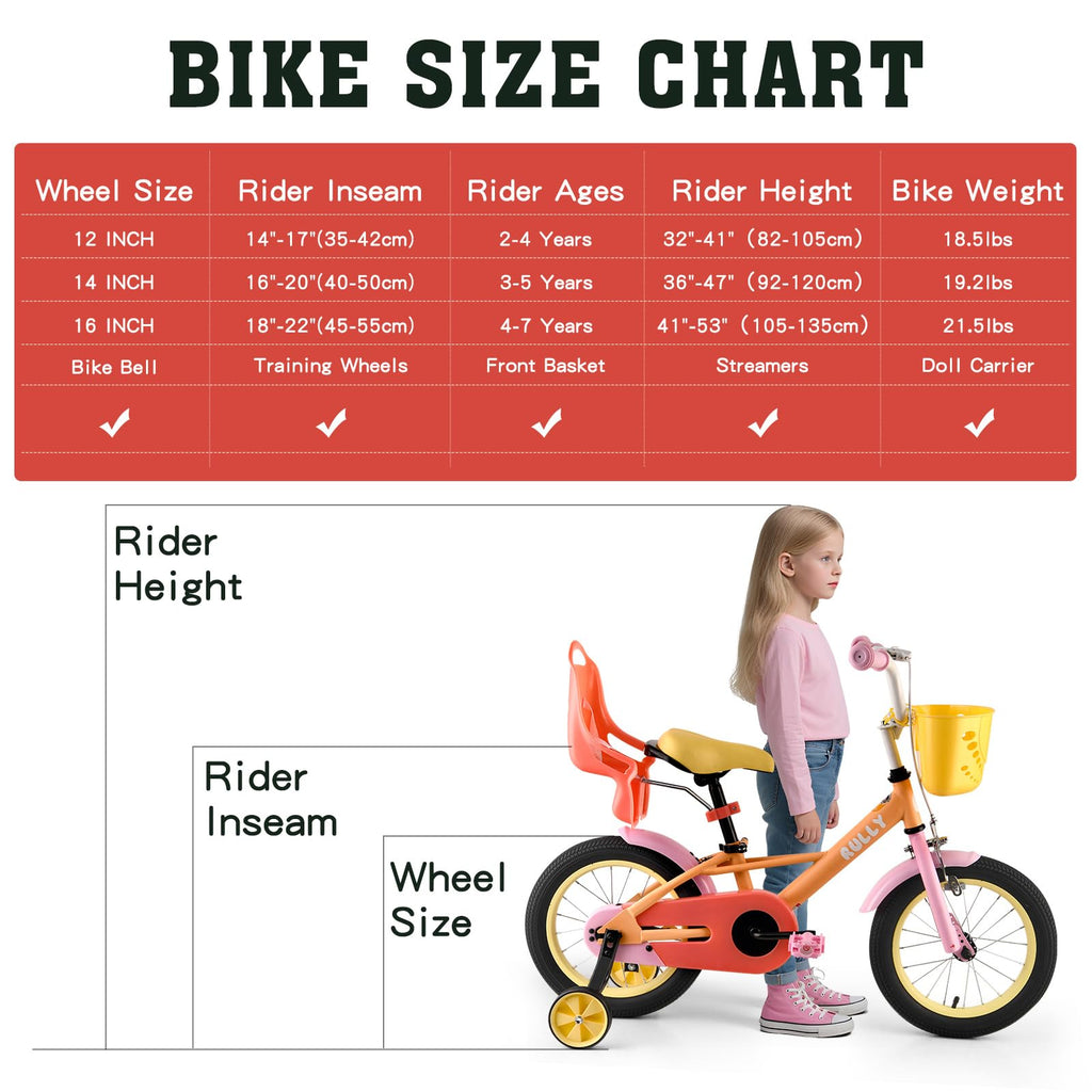 Rully Toddler Bike For 2 3 4 Years Children, 12 Inch Cycle With Training Wheels, Doll Seat, Basket, Handbrake For Girls & Boys,