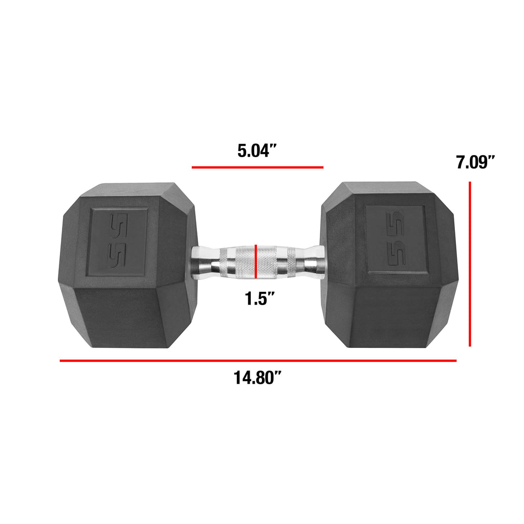 CAP Barbell 55 LB Rubber Coated Hex Dumbbell Hand Weight - Single | Chrome Handle
