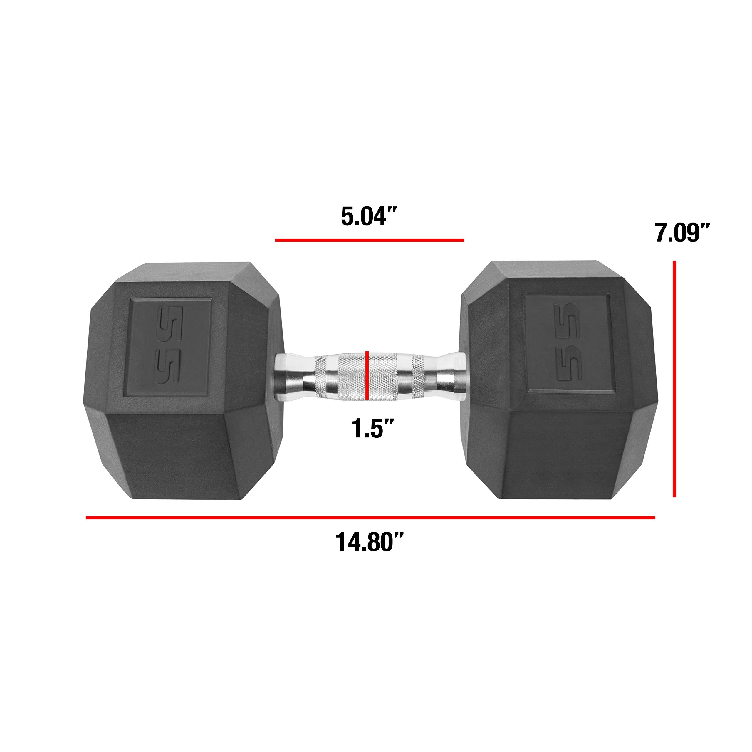 CAP Barbell 55 LB Rubber Coated Hex Dumbbell Hand Weight - Single | Chrome Handle