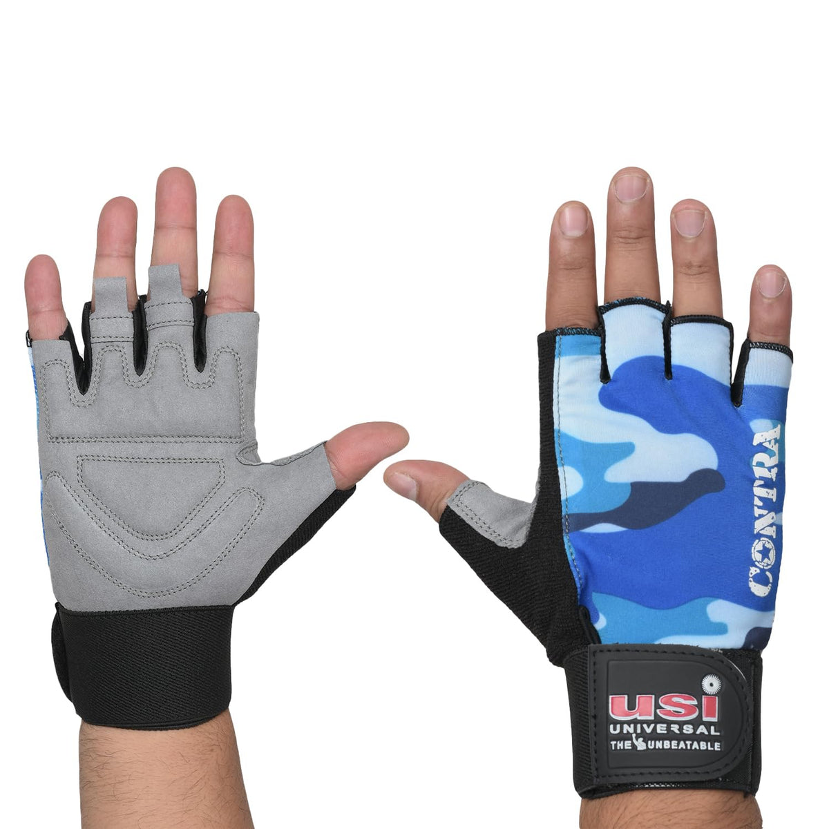 Usi Universal 733Cb Contra Fitness Gym Gloves, Workout Powerlifting Gloves, Microfiber, Digital Printed (XLarge, Blue)