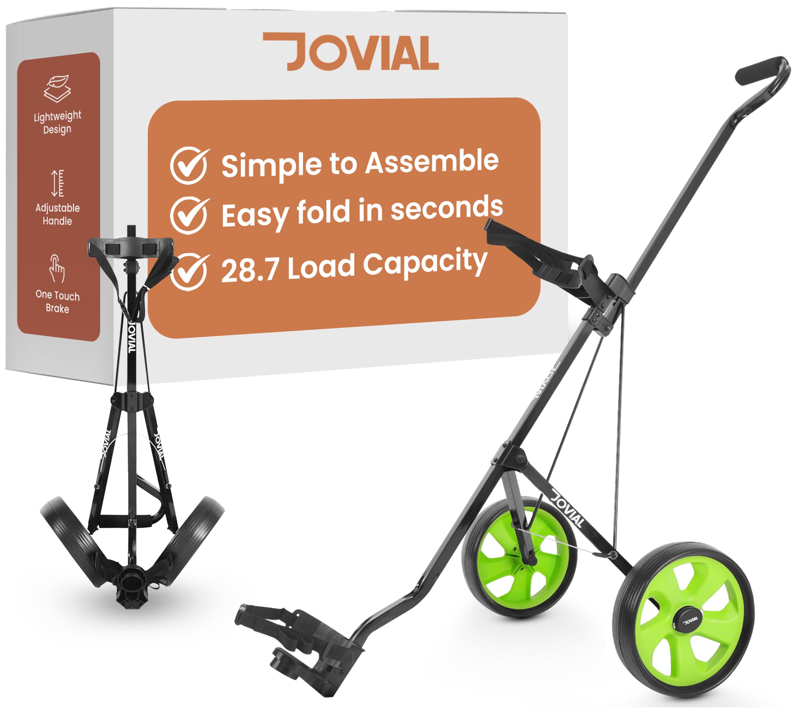 JOVIAL 2 Wheel Golf Pull Cart - Lightweight Foldable Golf Cart with Golf Bag Storage, Adjustable Handle, Aluminum Frame, Compact