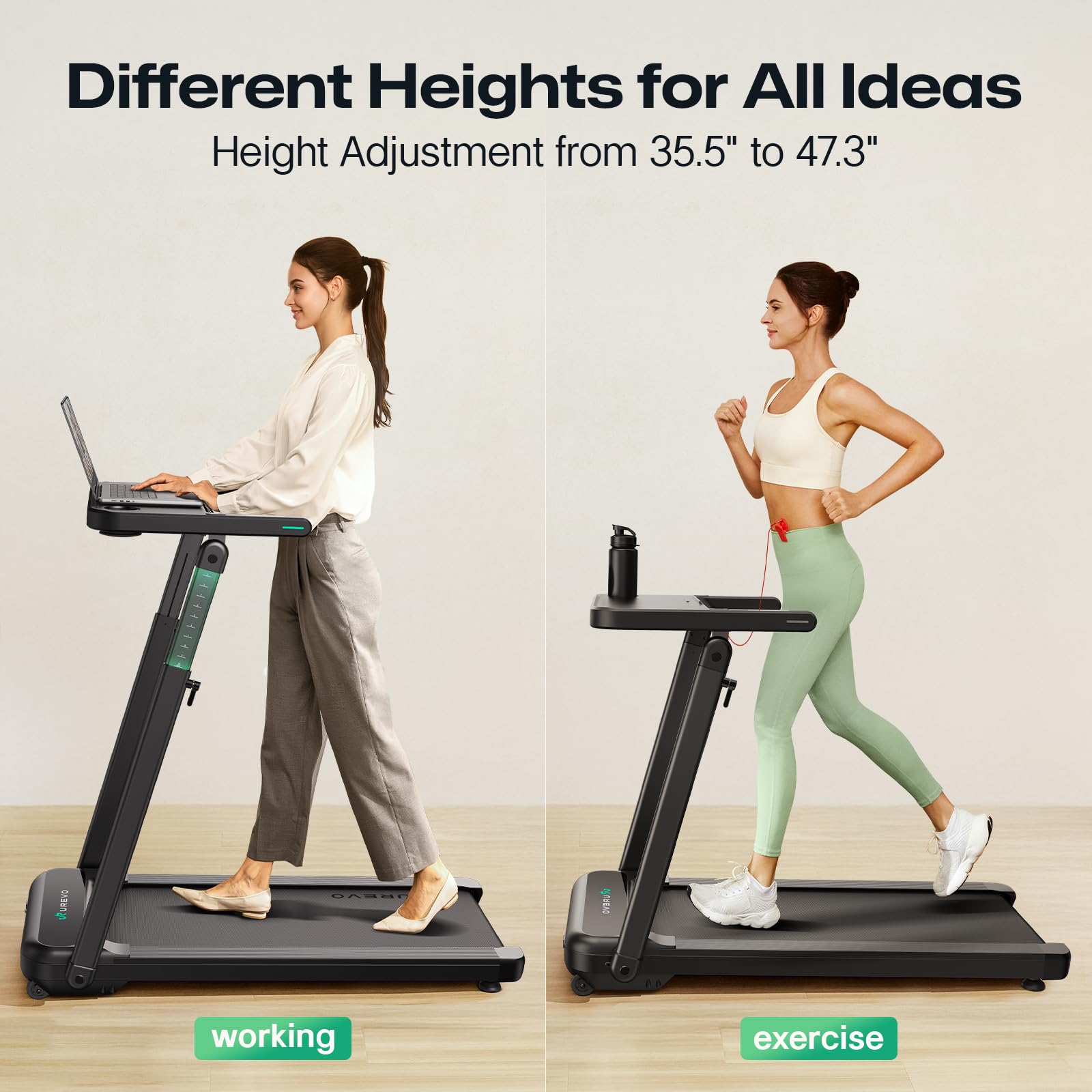UREVO Smart Treadmill with Height Adjustable Desk Workstation, Compact Foldable Treadmill for Home Office, 9% Auto Incline with
