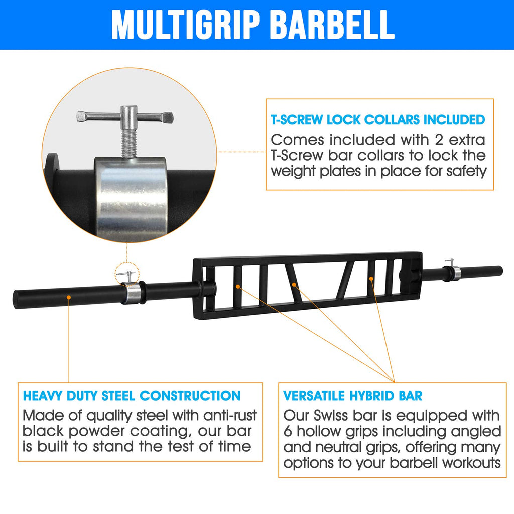 Yes4All Multi Grip Barbell - Swiss Bar, American Bar With 2 Collars, Fits Olympic Weight Plates - Commercial And Home Gym & Supp