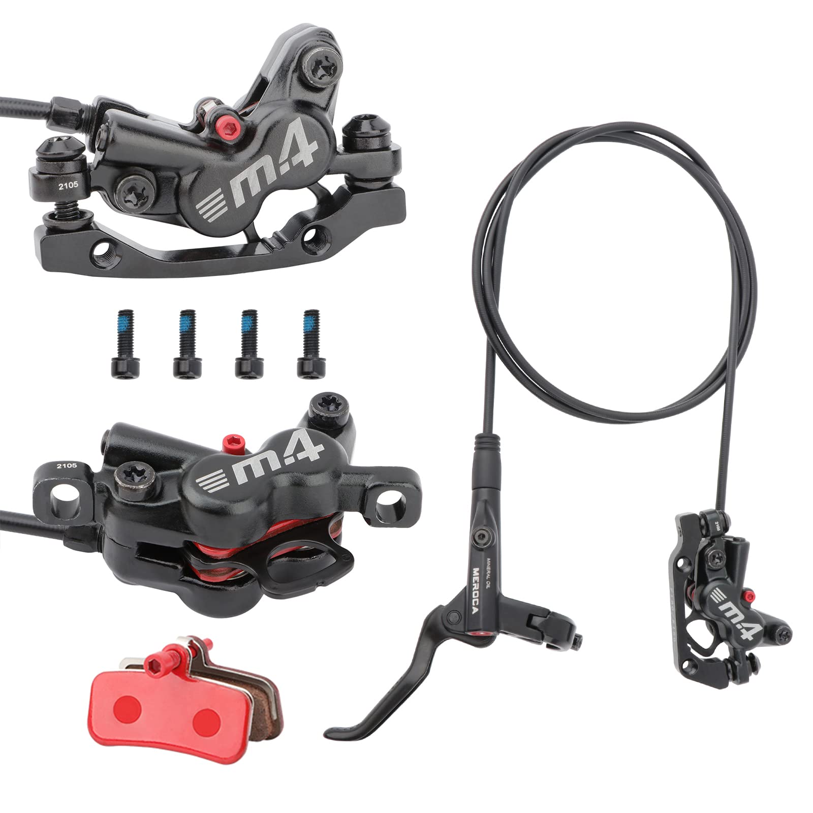 MEROCA M4 4-Piston Mountain Bike Hydraulic Disc Brakes Hydraulic Bike Brakes Front Tube 800mm Rear Tube1400mm with PM Adapter fo
