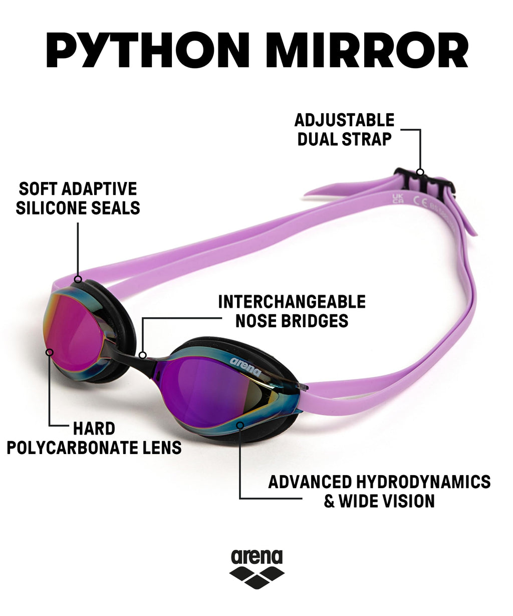 Arena Unisex Adults Python Racing Swim Goggles For Men And Women Anti-Fog Mirror Lens Max Comfort Dual Strap, Violet/Black/Viole
